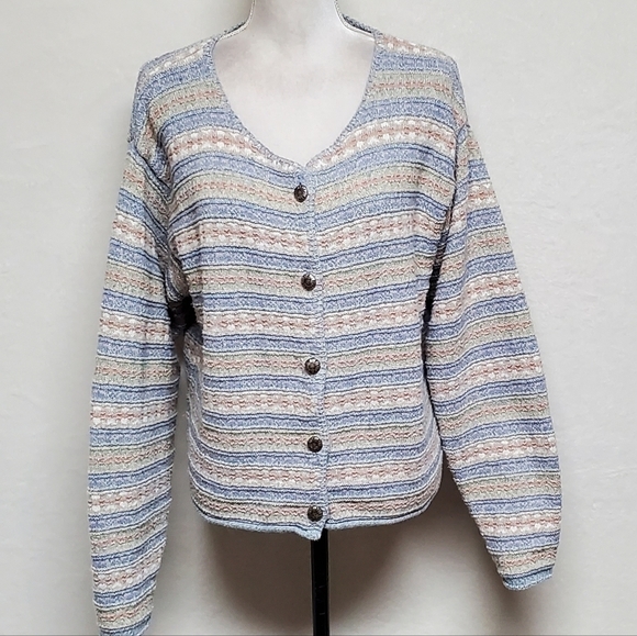 VINTAGE 80s Alps Pastel Pink Blue Heart Ribbed Knit Floral Button Up Cardigan L - Picture 4 of 16